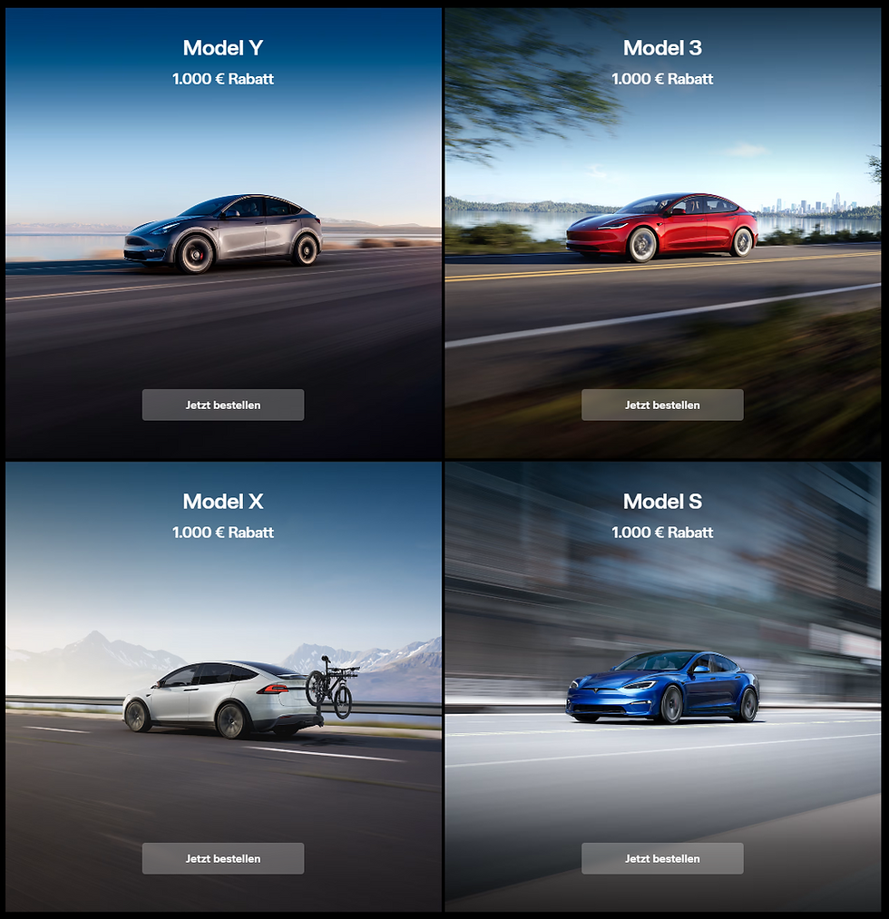 Vier Teslas auf der Autobahn: graues Model Y, rotes Model 3, weißes Model X mit Fahrradträger, blaues Model S. 1.000 € Rabatt, "Jetzt bestellen".
