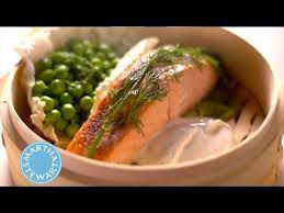 Martha Stewart's Steamed Fillet of Salmon in a bamboo steamer. From Martha Stewart's YouTube channel.
