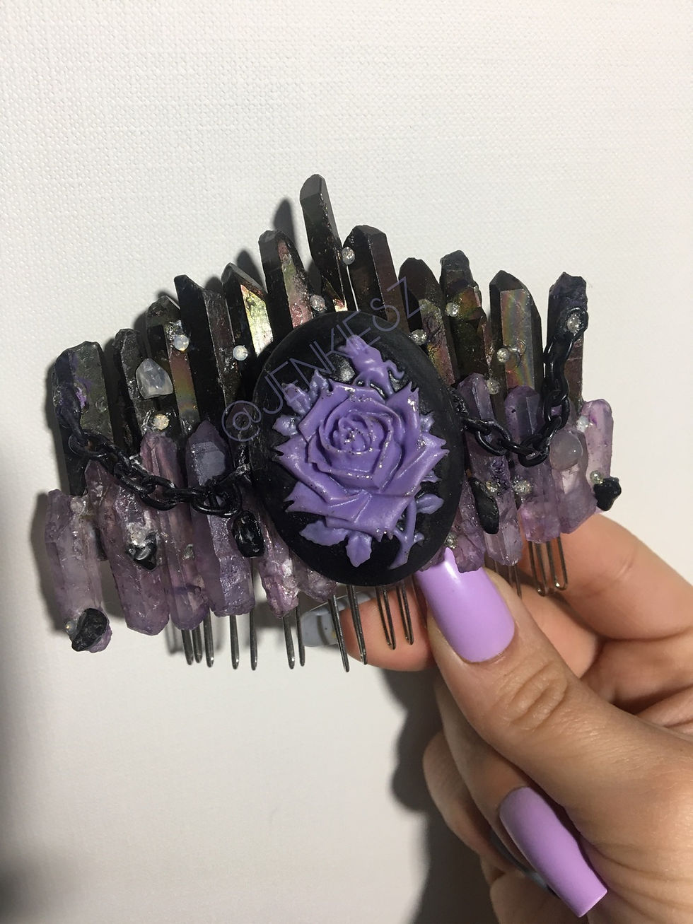 Thumbnail: Grungy Pastel Goth Black + Lavender Rose Crystal Hair Comb