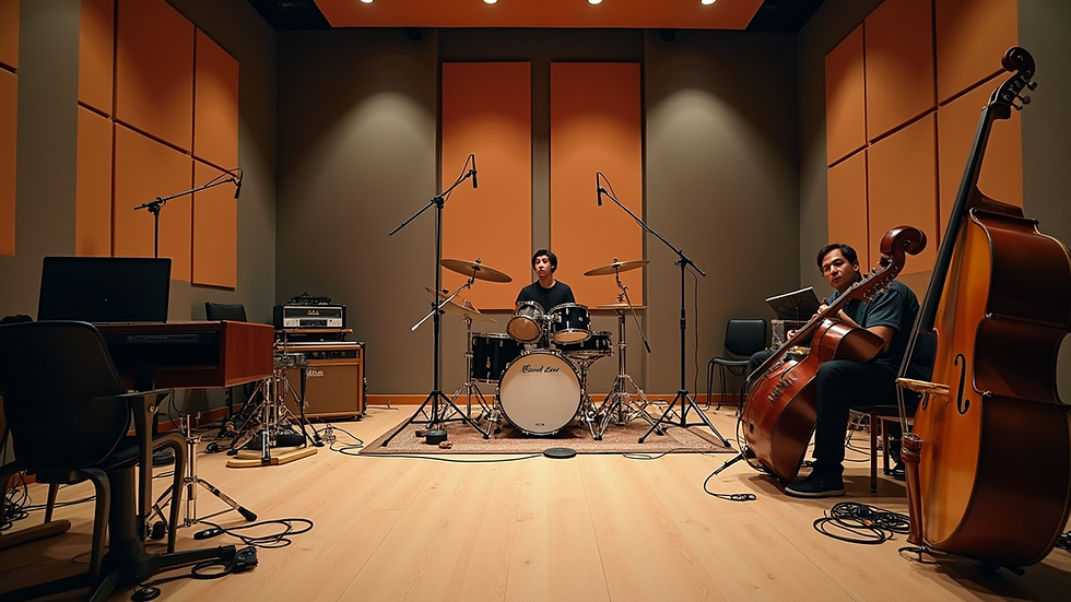 Eye-level view of a well-equipped rehearsal room with instruments and soundproofing