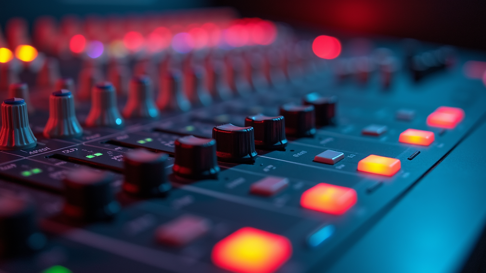 Close-up view of a professional mixing console with colorful sound levels