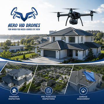Drone over house with "AERO VID DRONES" text. Images below show property, pre-purchase inspections, and damage assessment. Blue sky.