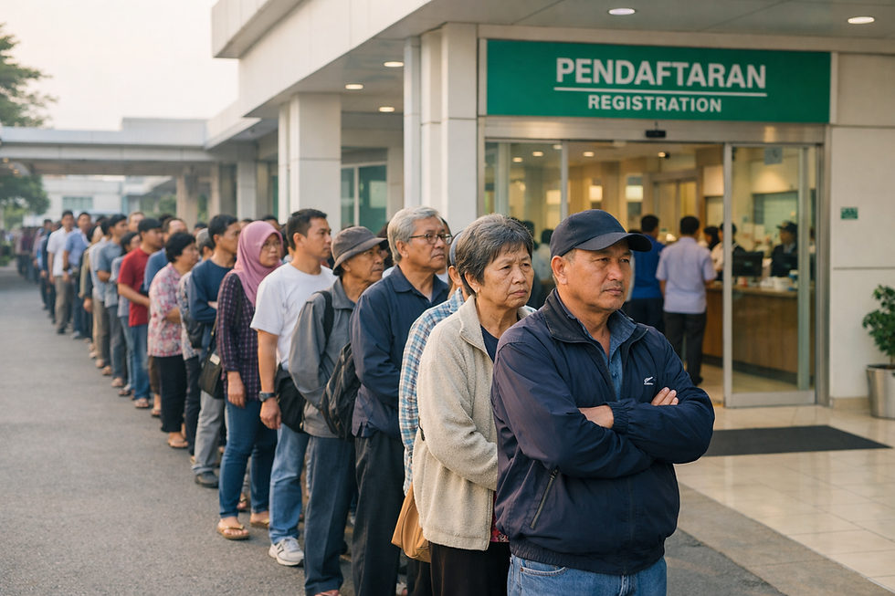 Kerumunan pasien mengantre di luar tempat pendaftaran rumah sakit sejak pagi buta.