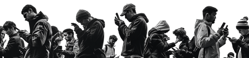 A black and white image of people looking at their phones