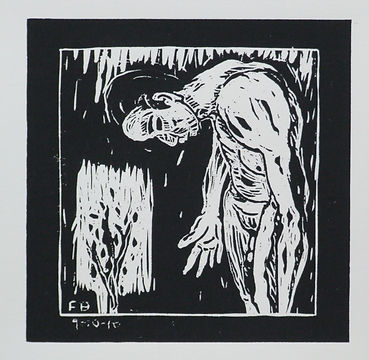 Man with Tree linocut on rosapina 15x15c