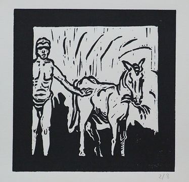 Man with Donkey linocut on Rosapina pape