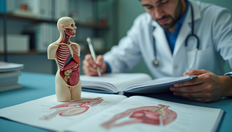 Close-up view of a medical student studying anatomy with textbooks and models