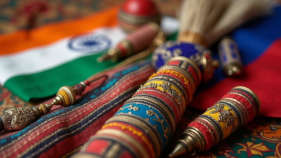 Close-up view of traditional Indian and Russian cultural artifacts displayed side by side