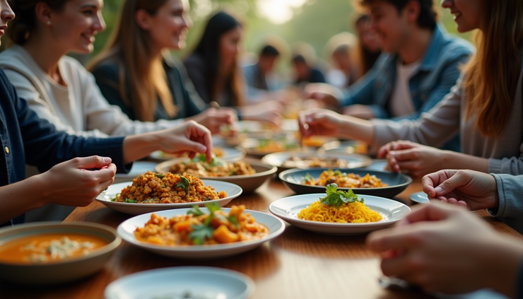 High angle view of a group of students sharing Indian dishes at a campus event