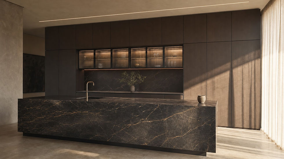 Dark stone work island with a task wall of upper shelving in a second kitchen. Pedini Miami by Daruso.