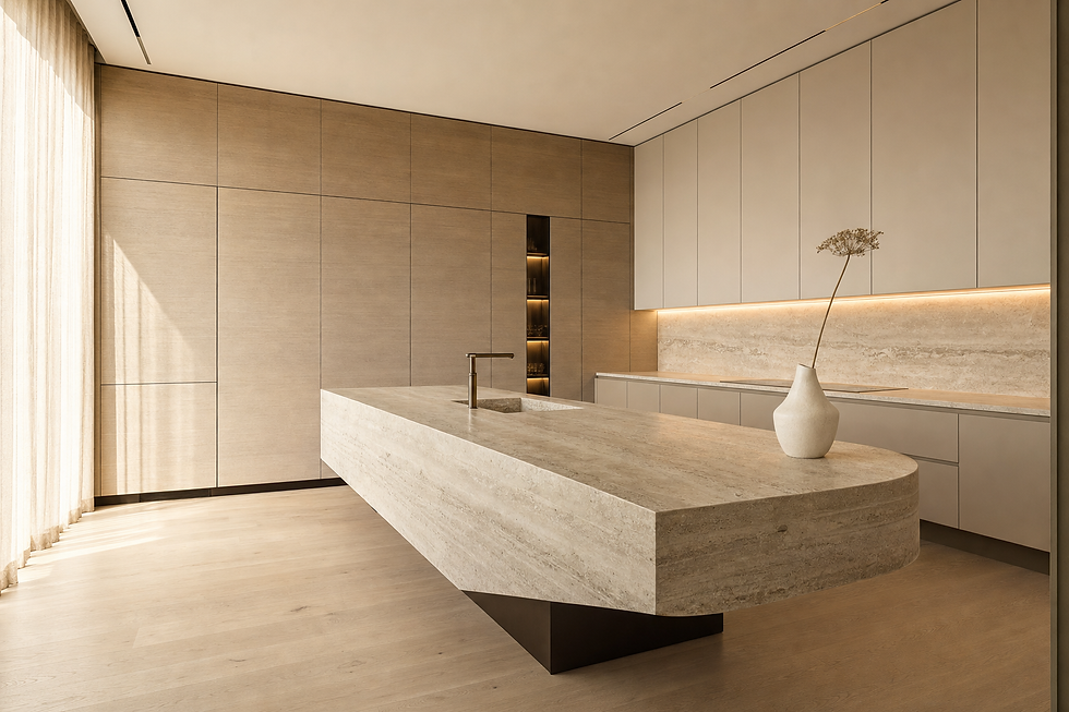 Fully integrated Italian kitchen with tall cabinet run concealing refrigerator and pantry behind matching panels
