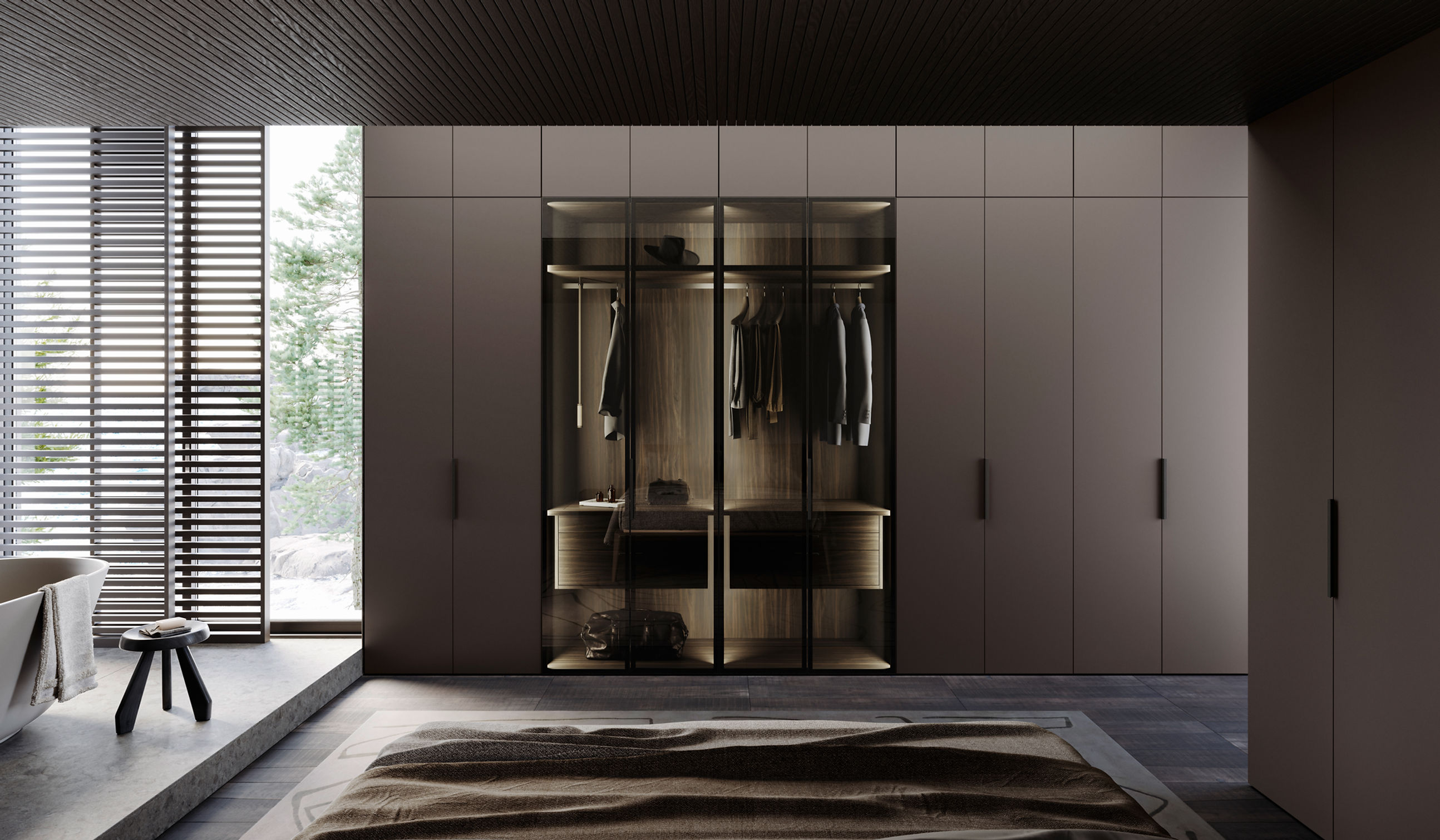 Luxury Italian wardrobe in a master suite with floor-to-ceiling matte panels and a central glass-fronted display closet.