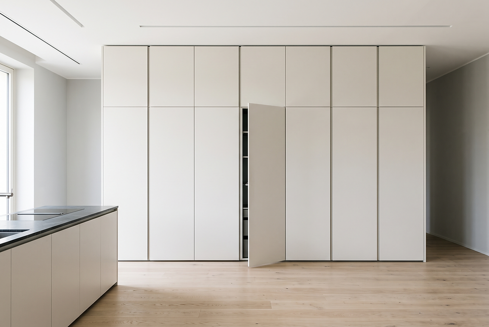 Push-to-open handleless kitchen elevation with no channel, groove, or visible grip on any door. Pedini by Daruso, Miami FL.