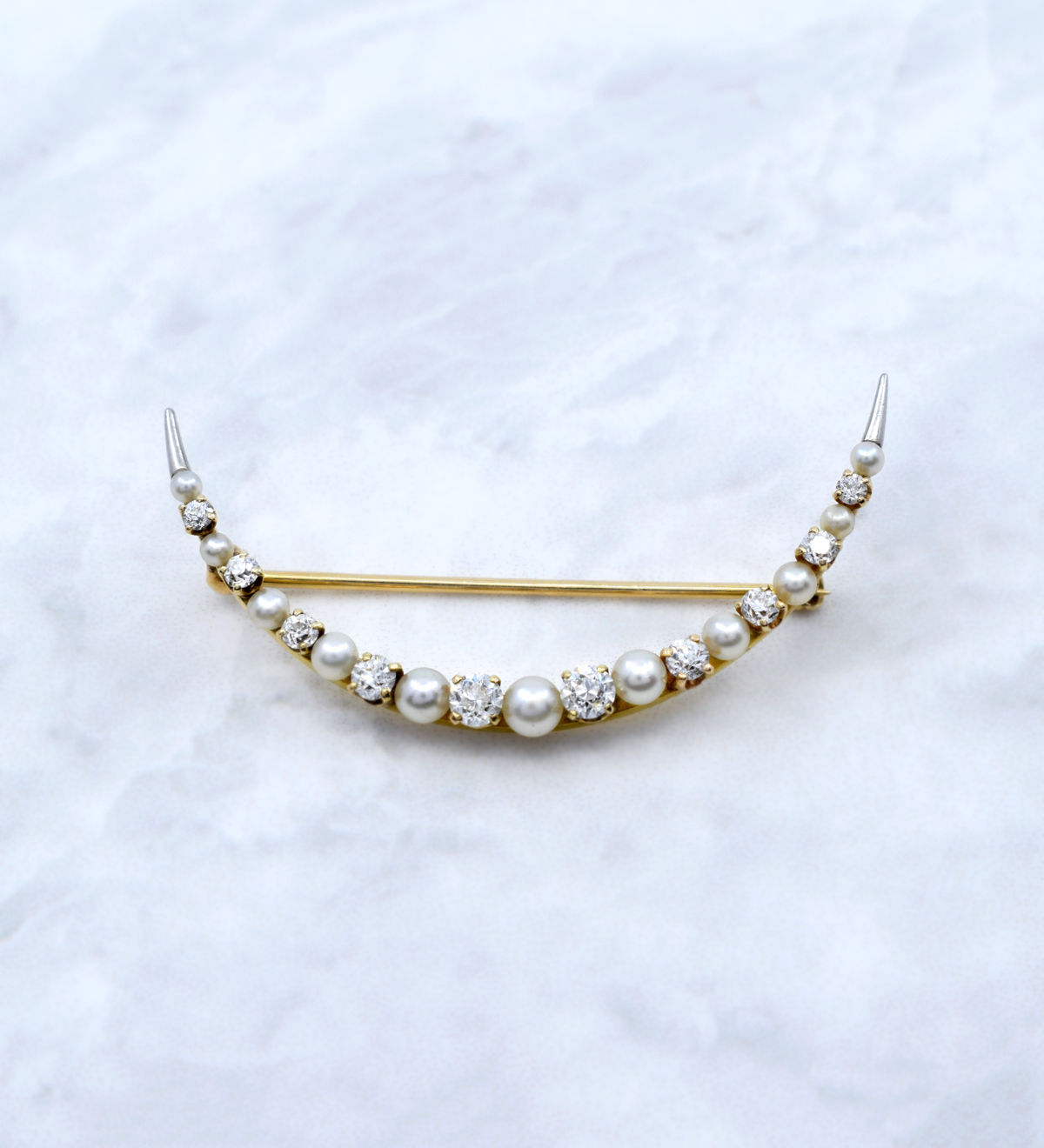 Antique Crescent Moon Diamond & Pearl Gold Brooch