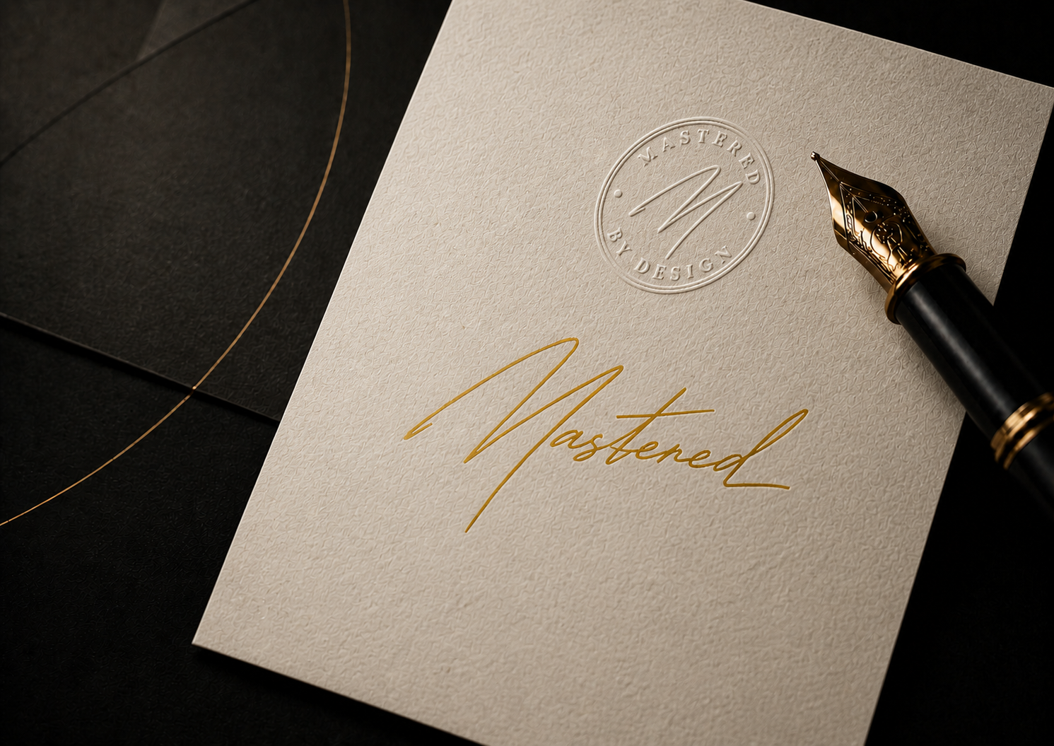 Mastered by Design gold signature and embossed seal on ivory textured paper