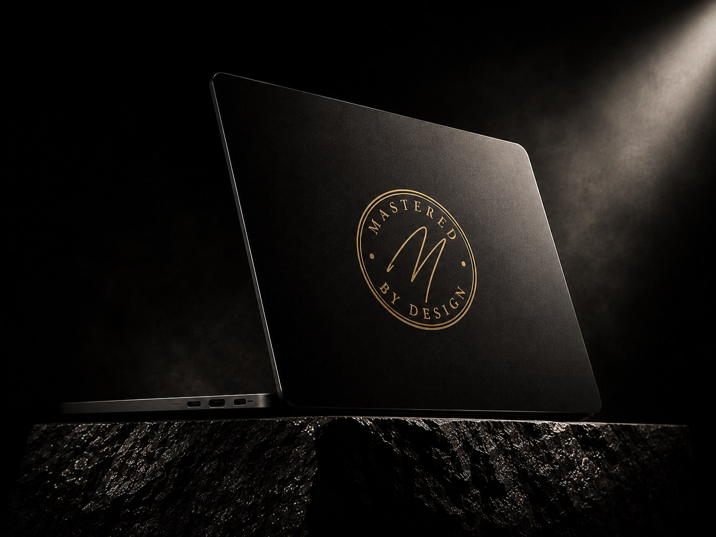 Mastered by Design website displayed on a laptop above sculptural rock