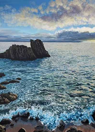 An acrylic painting depicting a seascape at sunrise