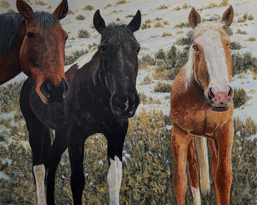 Original painting of three horses looking straight ahead. 