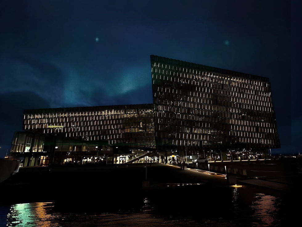 The Harpa Concert Hall, with a glimmer of the Northern Lights