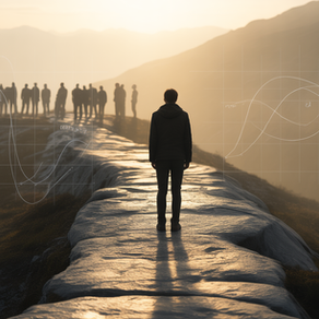 A person walks on a rock path toward a silhouetted group at sunset. Graphs overlay the scene, suggesting contemplation or decision-making.