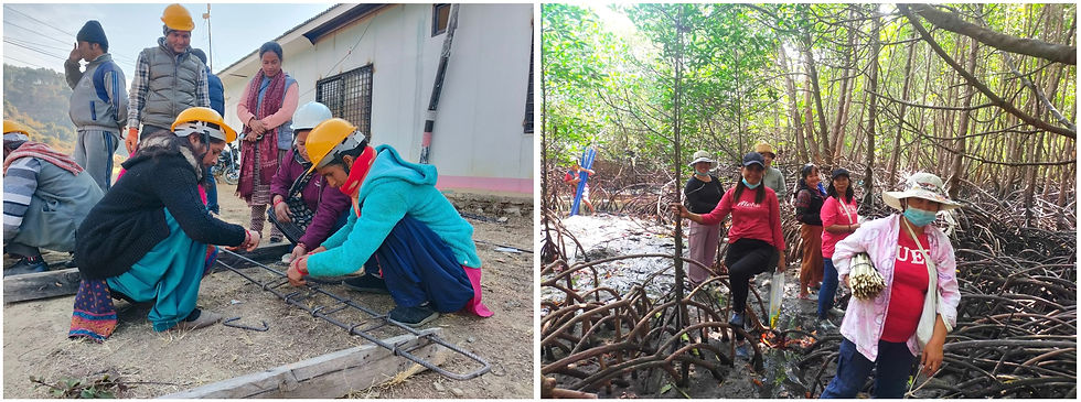(Left) Woman (in white hat), who was previously trained under another GHI program, training other women masons in earthquake-resistant construction; engaging women in our technical trainings, where they are often left out, encourages other women to participate. (Right) Women have been a central presence and voice in our mangrove conservation work in the Philippines. They are strong advocates of this program, as they understand the importance of this valuable natural resource to protect their homes and families.