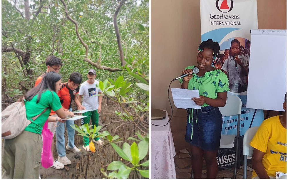 (Left) Youth in the Philippines have been enthusiastic contributors to our nature-based solutions work; the Mangrove Warriors youth group is helping to protect their mangrove forests and raise awareness of their protective role against coastal hazards. (Right) Student in Haiti sharing through poetry what she has learned about disaster readiness; Youth Resilience Club members, created under GHI projects, promote disaster resilience in their communities in northern and southern Haiti.