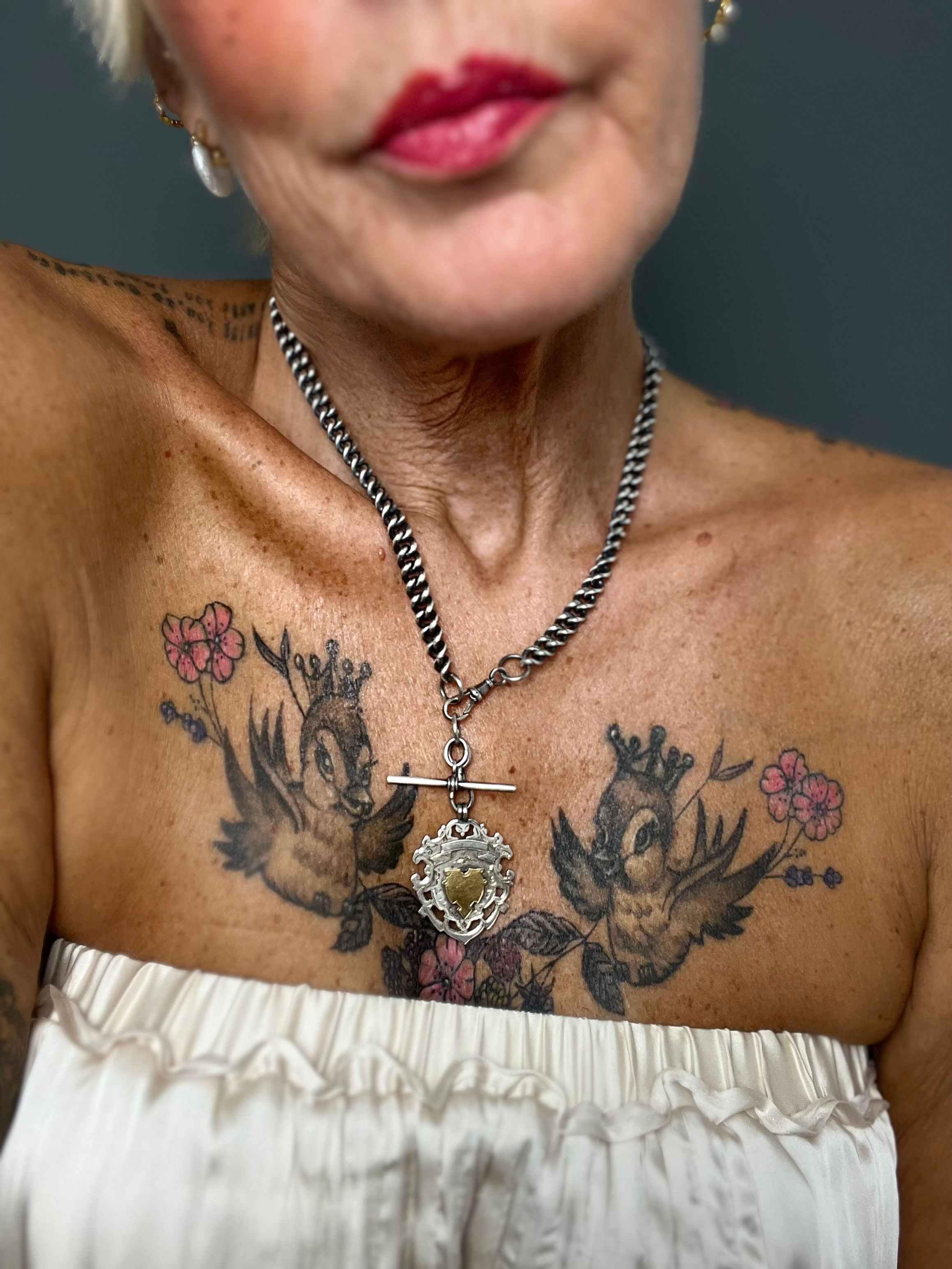 Sterling Silver Albert Fob Chain & Edwardian antique sterling silver medallion