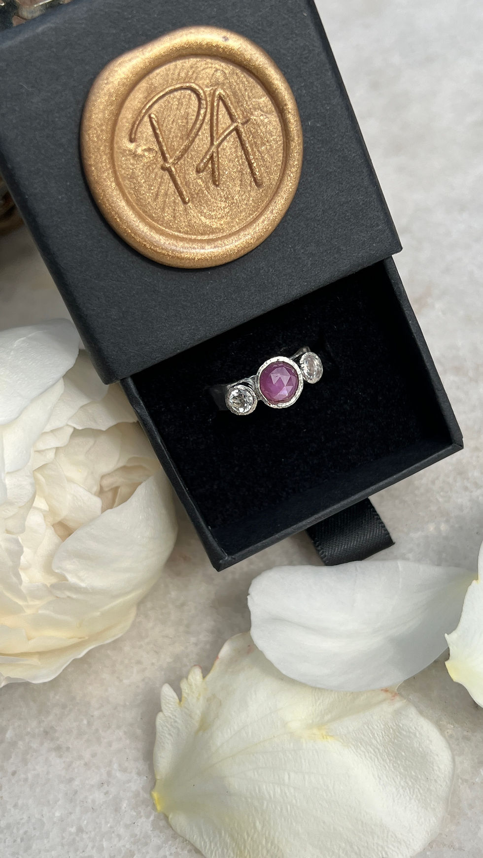 Thumbnail: Pink Sapphire & White Topaz 3-stone Ring