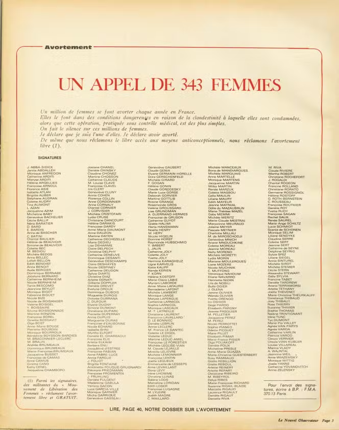 Document : « Le Manifeste des 343 », publié par Le Nouvel Observateur, le 5 avril 1971. Source : https://www.lemonde.fr/culture/article/2024/03/06/manifeste-des-343-dans-les-coulisses-d-un-scandale-sur-histoire-tv-interruption-volontaire-d-un-tabou_6220512_3246.html