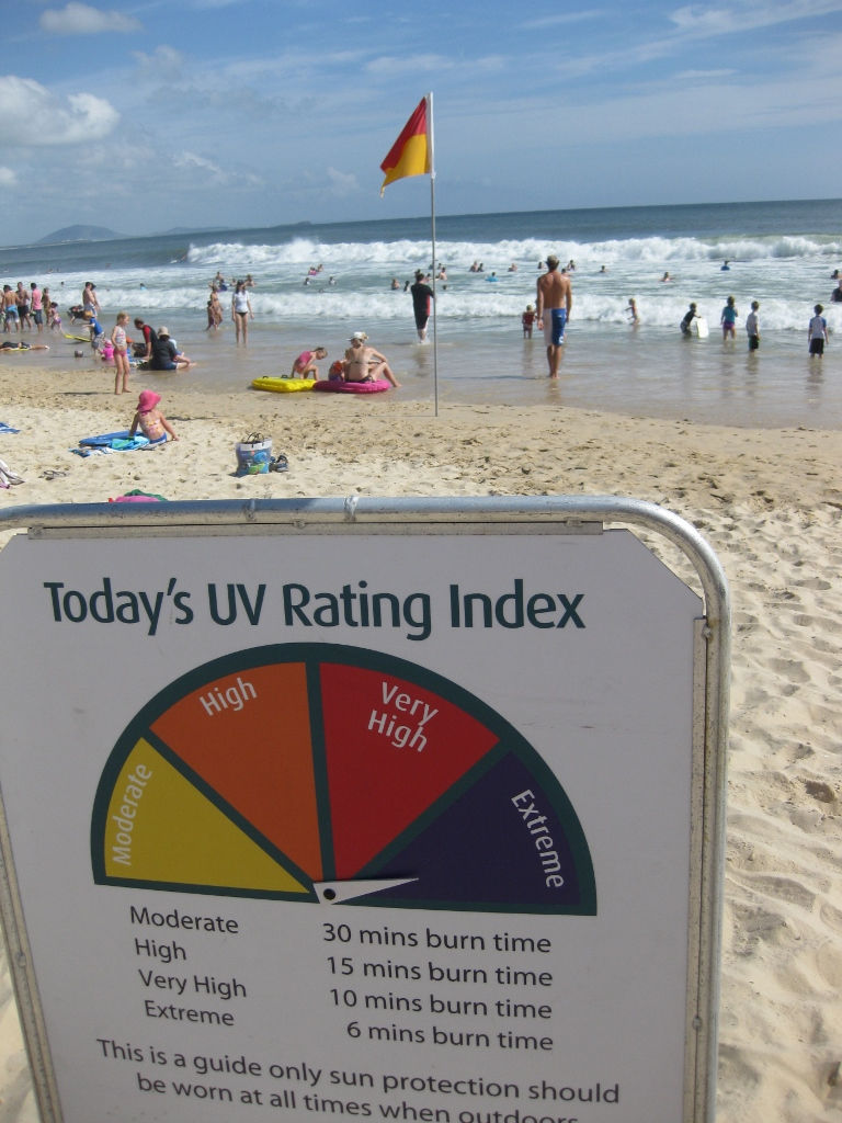 UV rating sign at beach sunsmart