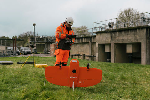 WingtraOne PPK drone capturing 1 cm/px RGB imagery for engineering-grade topographic surveys.