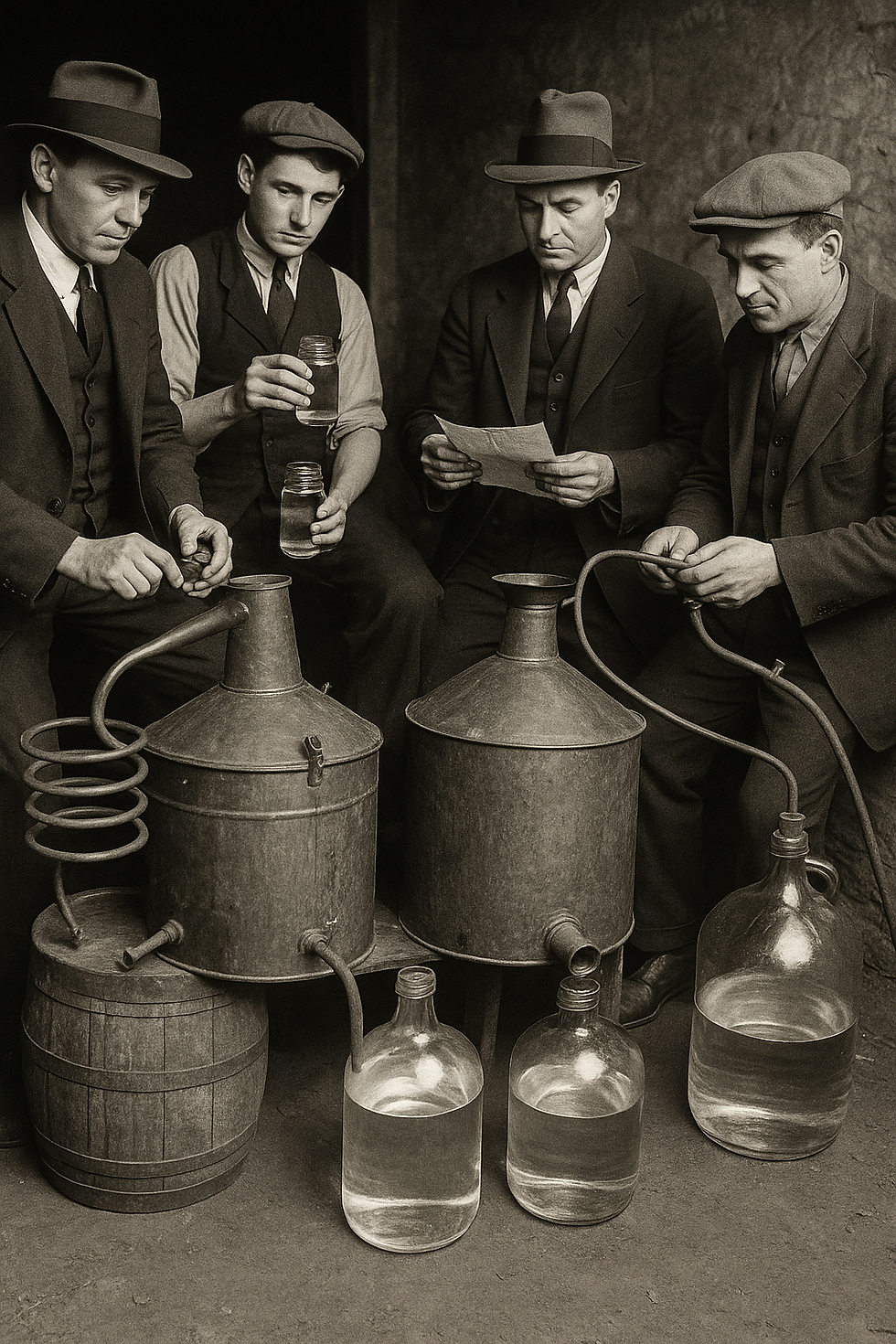 Four men in suits and hats inspect jars and a sheet of paper beside vintage distillery equipment. Sepia-toned, somber mood.