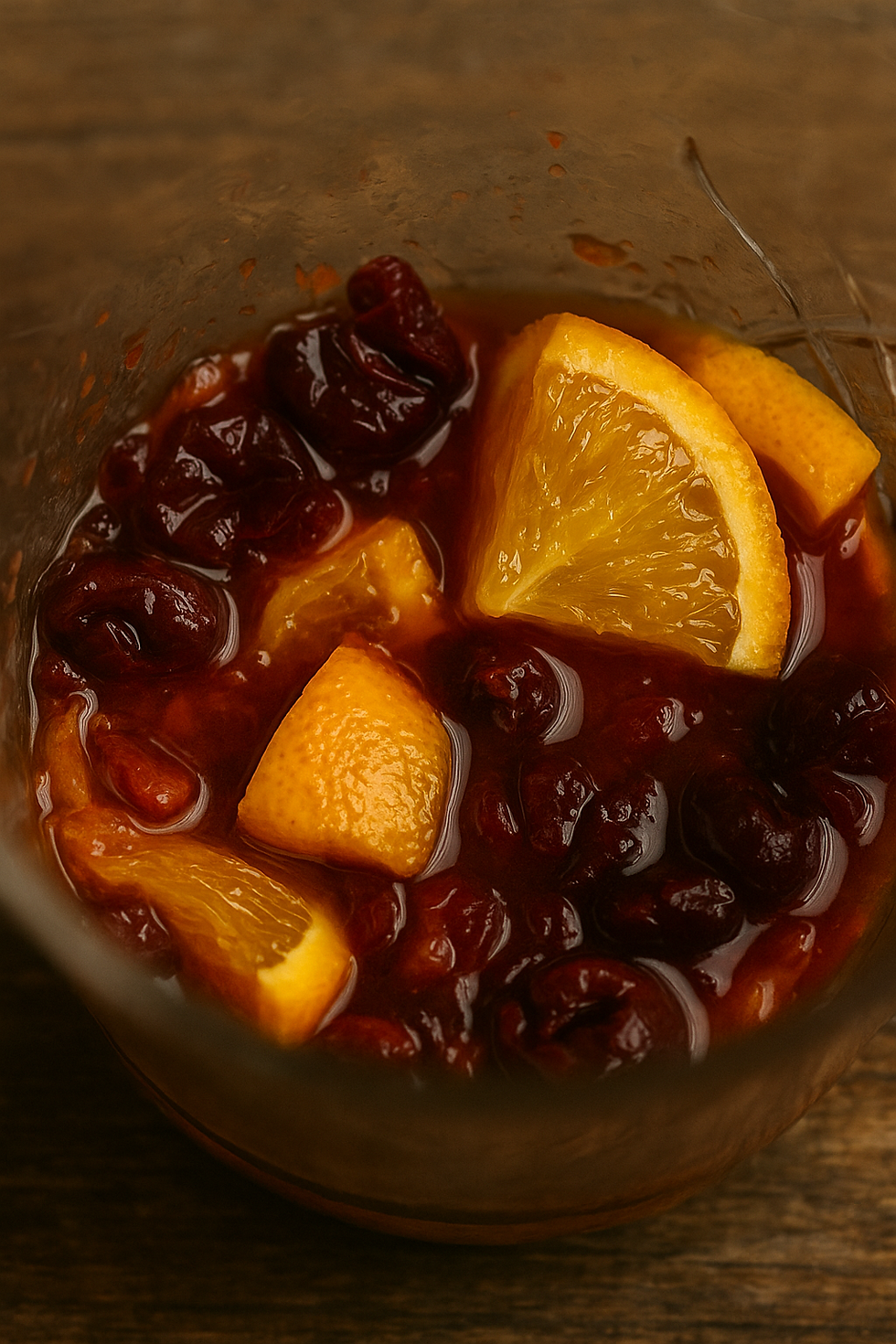 Orange slices and cherries in a glass with a brown wooden background, creating a warm, vibrant feel.