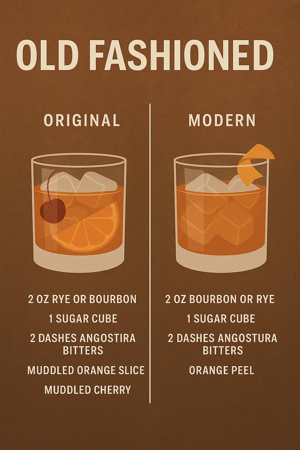 Two Old Fashioned cocktails compare original and modern recipes with ingredients listed. Background is brown with white text.