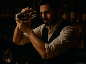 Bartender in white shirt and vest shakes cocktail shaker intently. Dimly lit bar with bottles in background, glasses on counter. Warm ambiance.