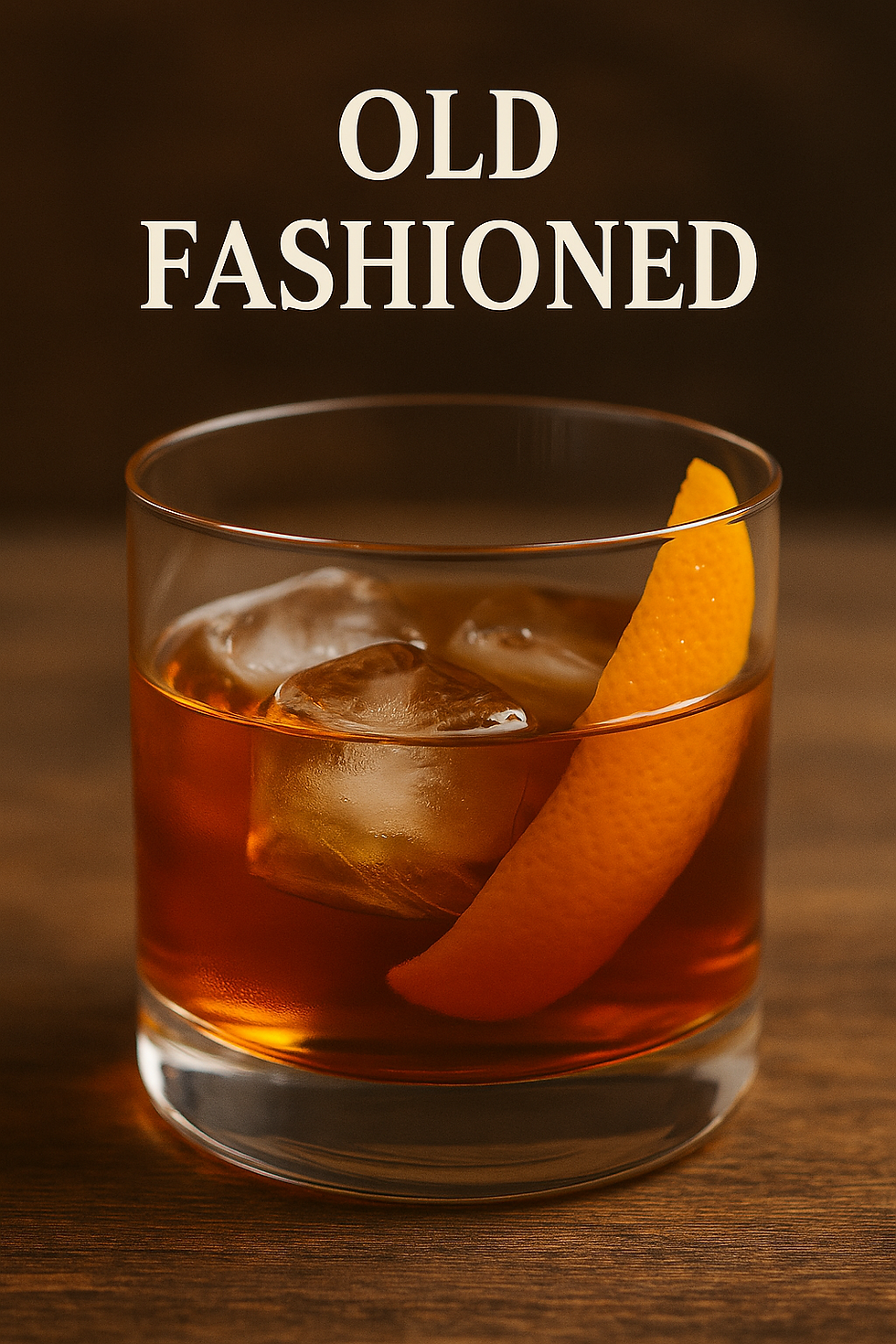 A glass with an Old Fashioned cocktail, ice cubes, and orange peel on a wooden table. Text above reads Old Fashioned. Warm, rustic mood.