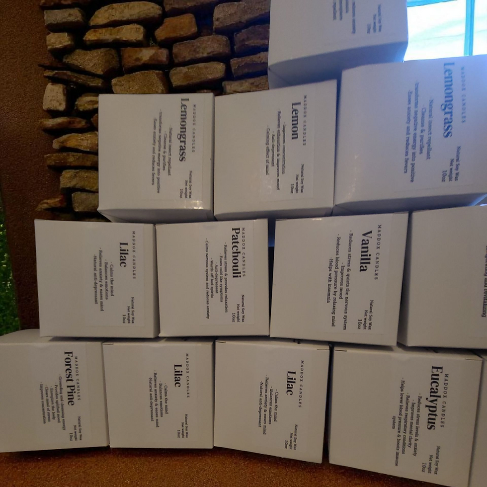 Thumbnail: White boxes with text: Lemon, Patchouli, Vanilla, and others stacked. Maddox Candles