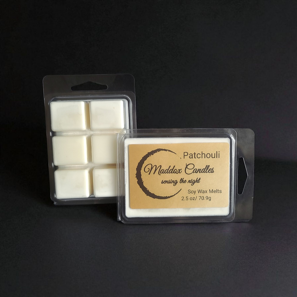 Patchouli Maddox Candles Soy Wax Melts 2.5 oz. Candle packaging on display.