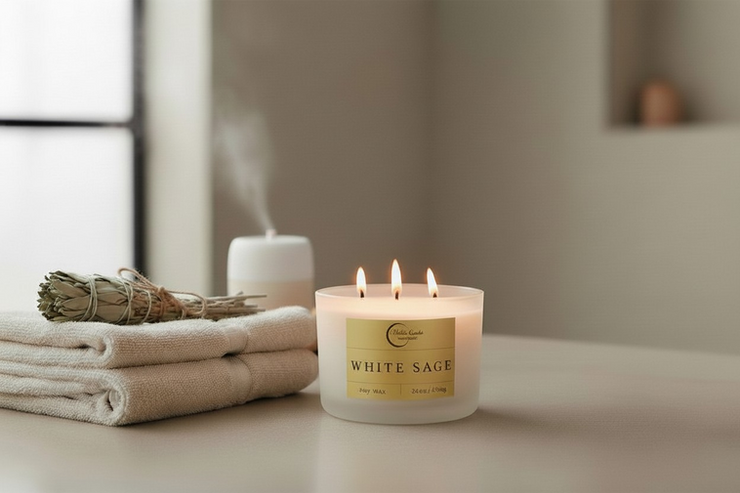 A premium Maddox candle lit elegantly, emitting a soft and warm ambient glow