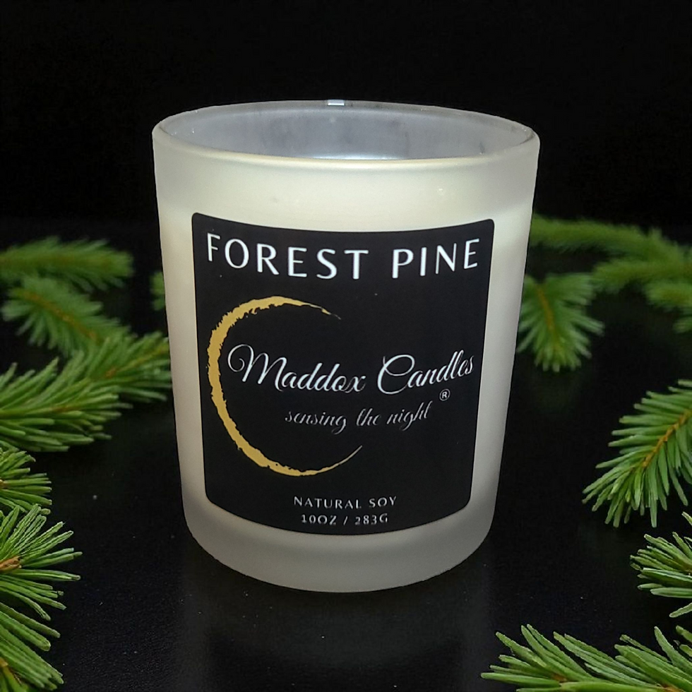 Forest Pine candle in glass with text Maddox Candles, relaxing the night.