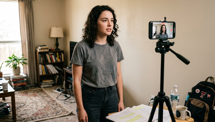 Eye-level view of a young performer recording a self-tape in a simple Texas apartment