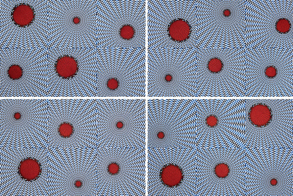 Aisha Khalid, red circular motifs on detailed patterned ground