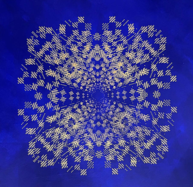 Calligraphic abstraction by Lulwah Al‑Homoud, blue & gold geometric forms