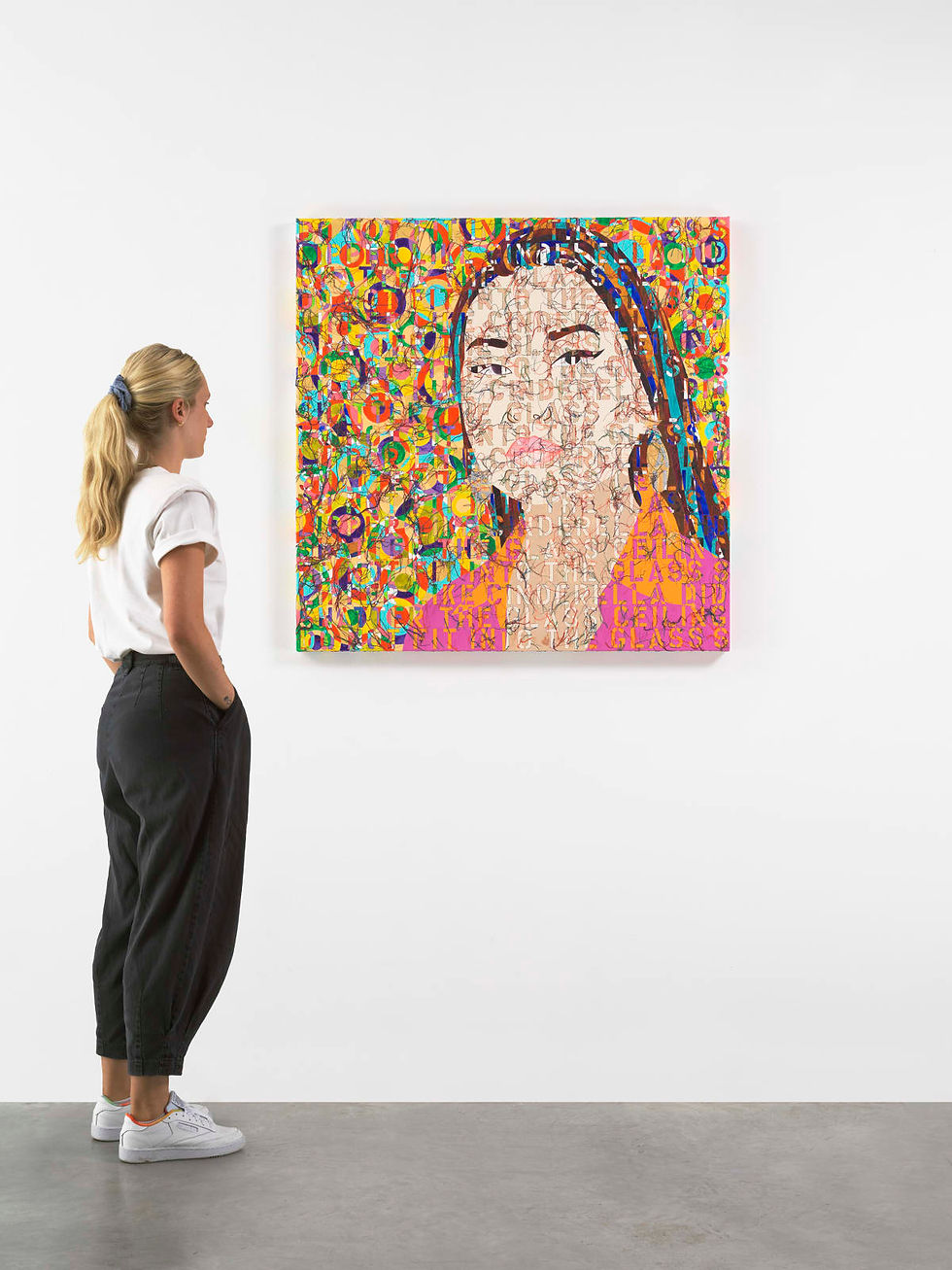 Ghada Amer, “Portrait of Elizabeth” — acrylic, embroidery & gel medium on canvas