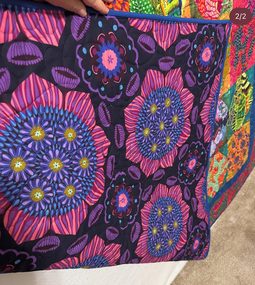 Bright purple and blue Kate Fassett fabric for backing on Quilt for Sale