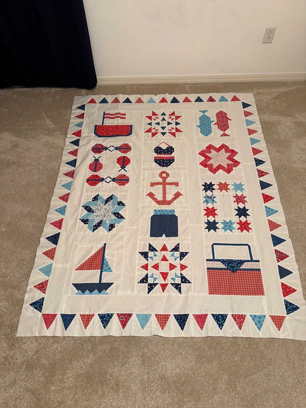 Summer time patchwork Quilt for sale using Pattern: "Summer Sampler" BOM Pattern by Sandy Gervais of Pieces from My Heart for Riley Blake
Top Fabric: Red White & Bang! by Sandy Gervais of Pieces from My Heart