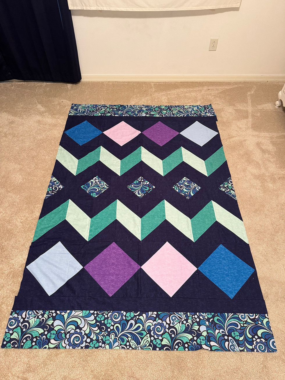 Purple, Navy and green patchwork quilt using Pattern: "Diamonds" by Amanda Murphy for Cotton Shot
Top Fabric: Benartex Free Motion Fantasy fabric collection by Amanda Murphy