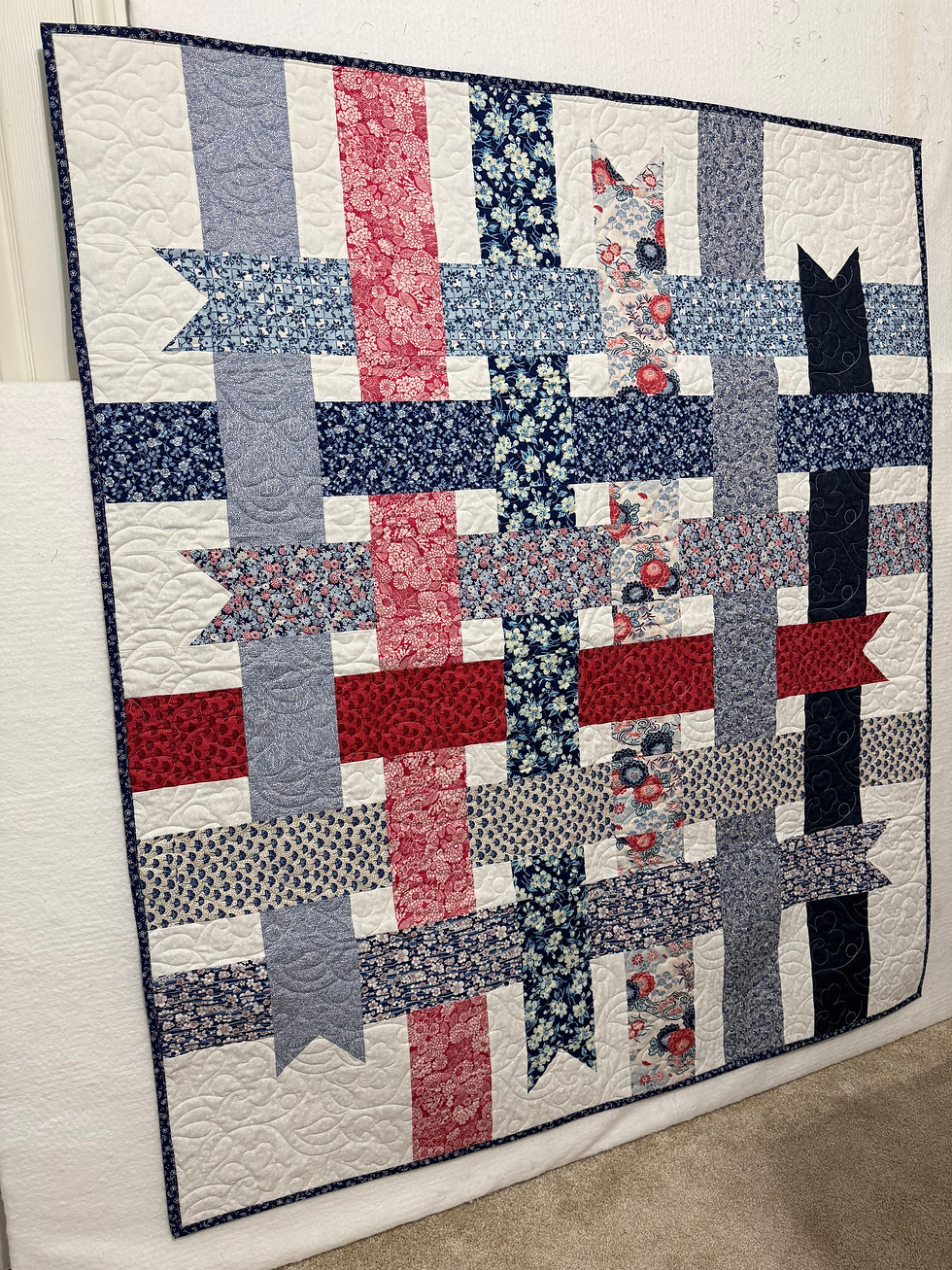 Blue and Pink Ribbon themed Quilt for sale using Pattern: "Ribbon Box Quilt" by Cloud 9 designed by Michelle Engel Bencsko
Top Fabric: Liberty Fabrics by Riley Blake