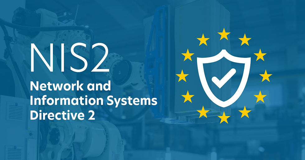 An informative graphic about the NIS2 Network and Information Systems Directive 2, with a blue industrial background featuring a robotic packaging machine and the EU shield icon with a checkmark.