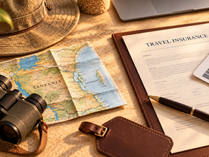 Travel insurance document beside a map of Tanzania, binoculars and a safari hat. AI-generated illustration.